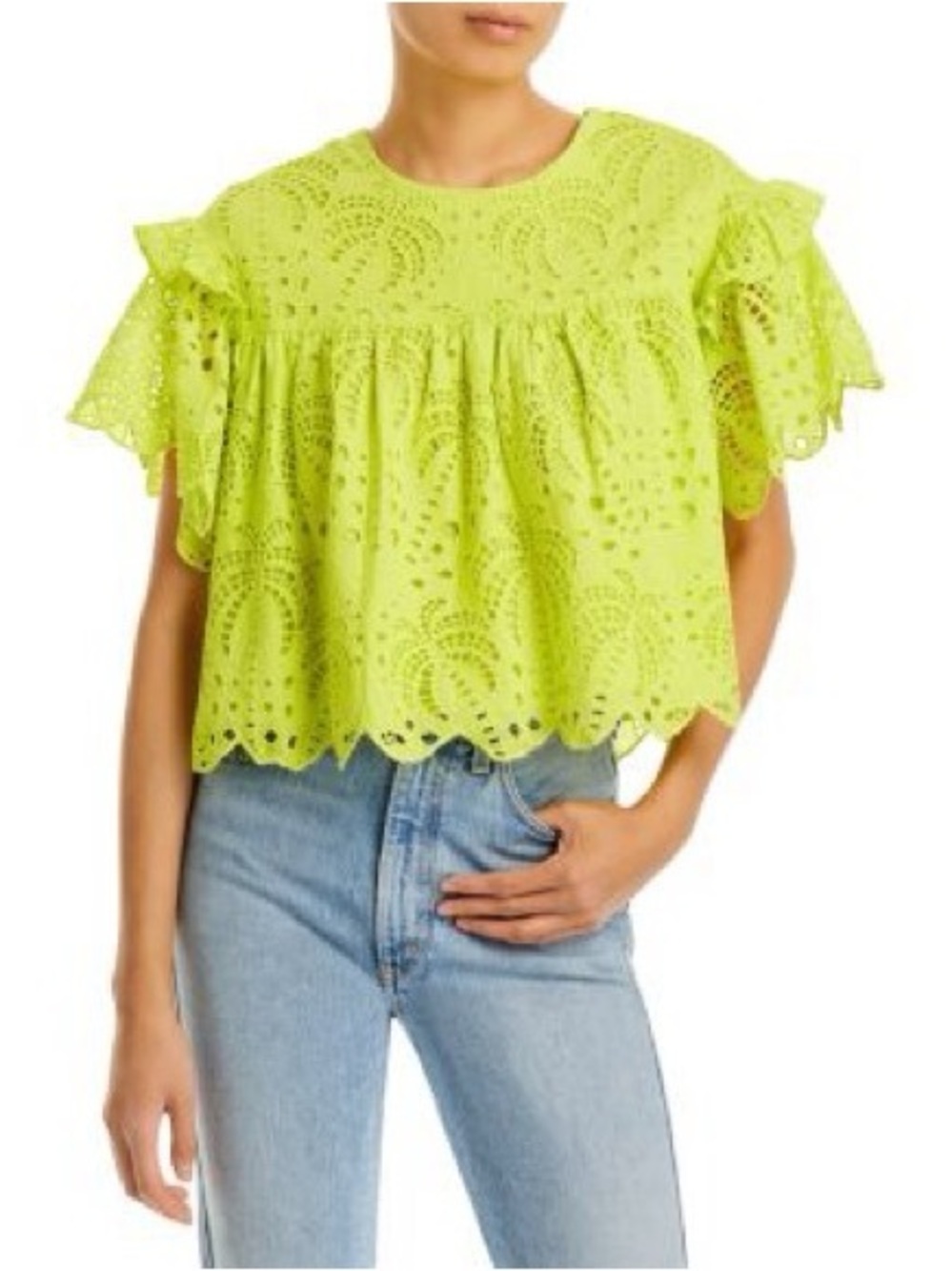 FARM Rio Palm Tree Richelieu Eyelet Ruffle Blouse Lime XS
